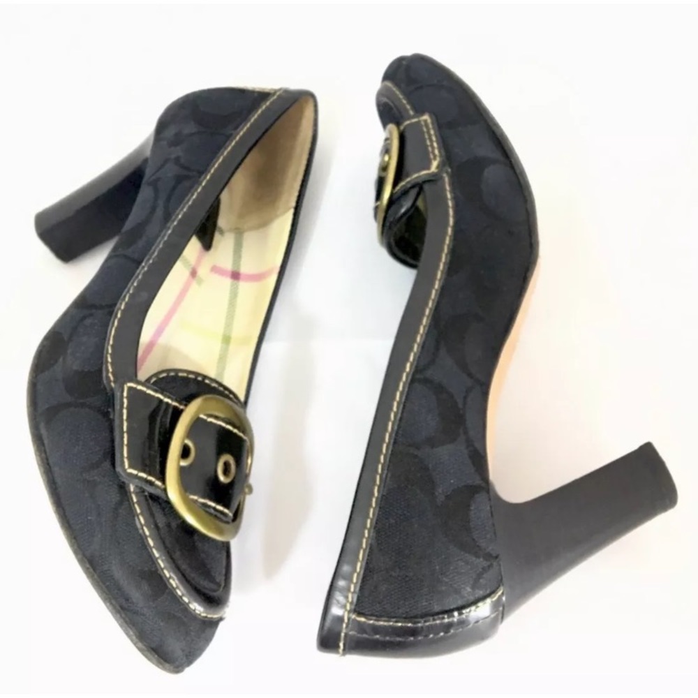 Coach Black Signature Canvas & Leather Buckle High Heels Size 6 - Picture 4 of 8